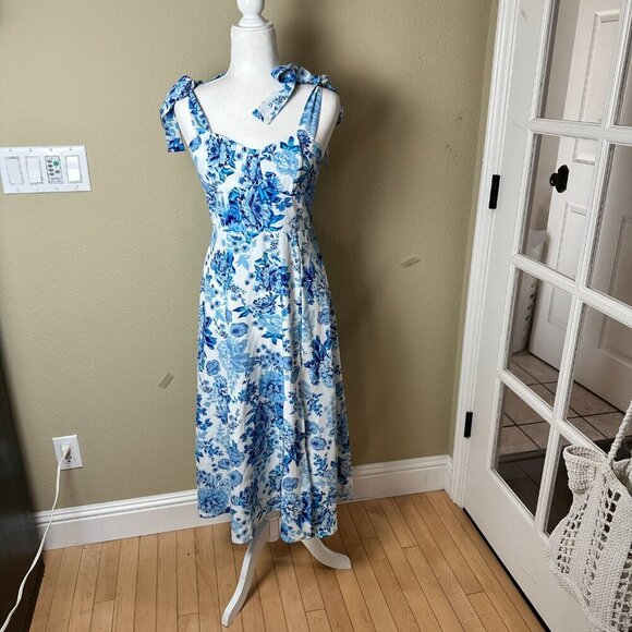 SHEIN Blue & White Floral Toile Midi Sundress Dress Size Small - Picture 6 of 12
